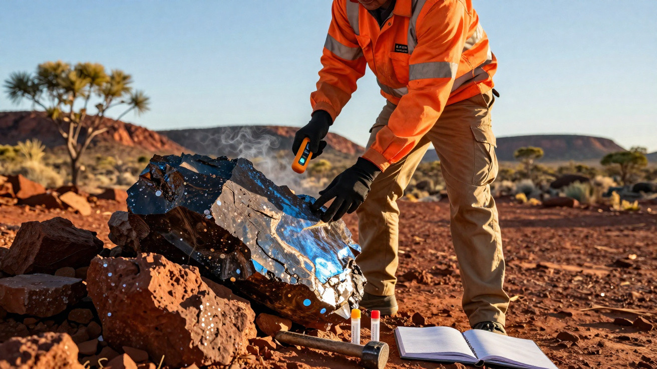 Geologist in high-visibility jacket examining a large, steaming meteorite on red desert ground at sunrise.