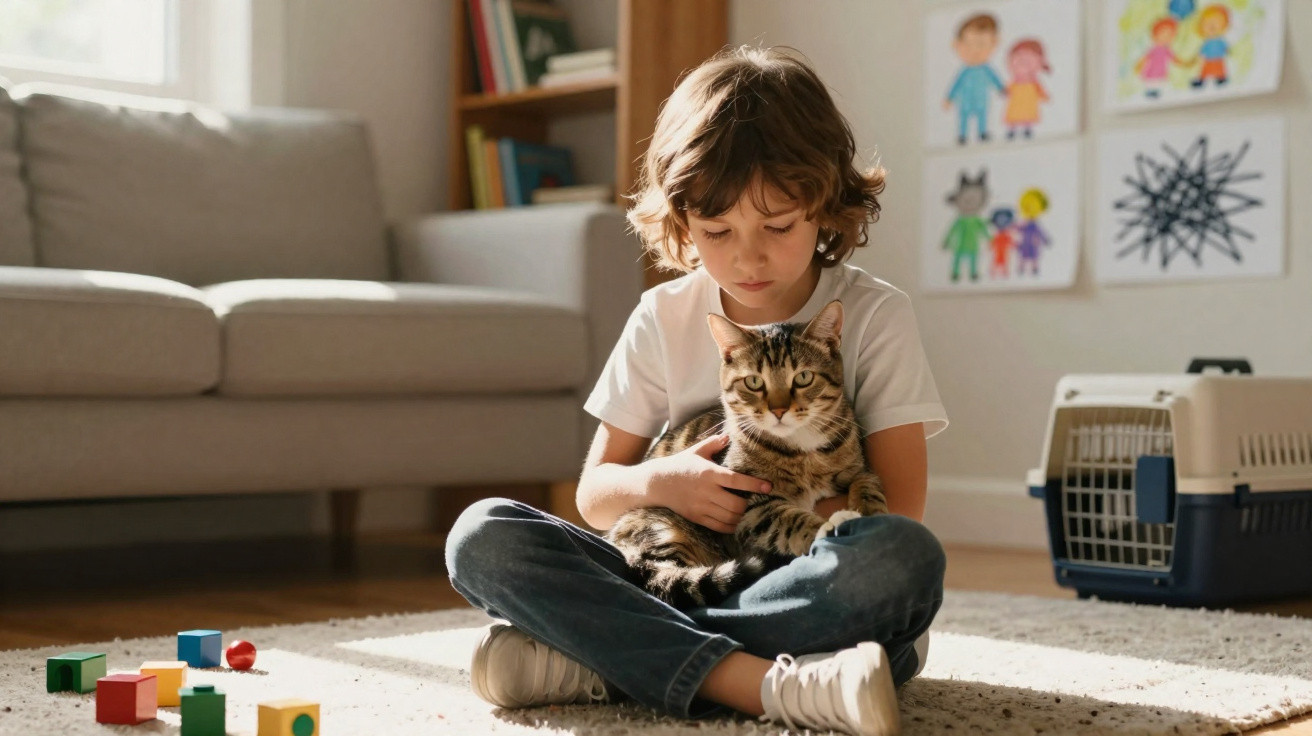 Young boy sitting cross-legged on a carpet holding a tabby cat, with toys, sofa, and drawings in the background.