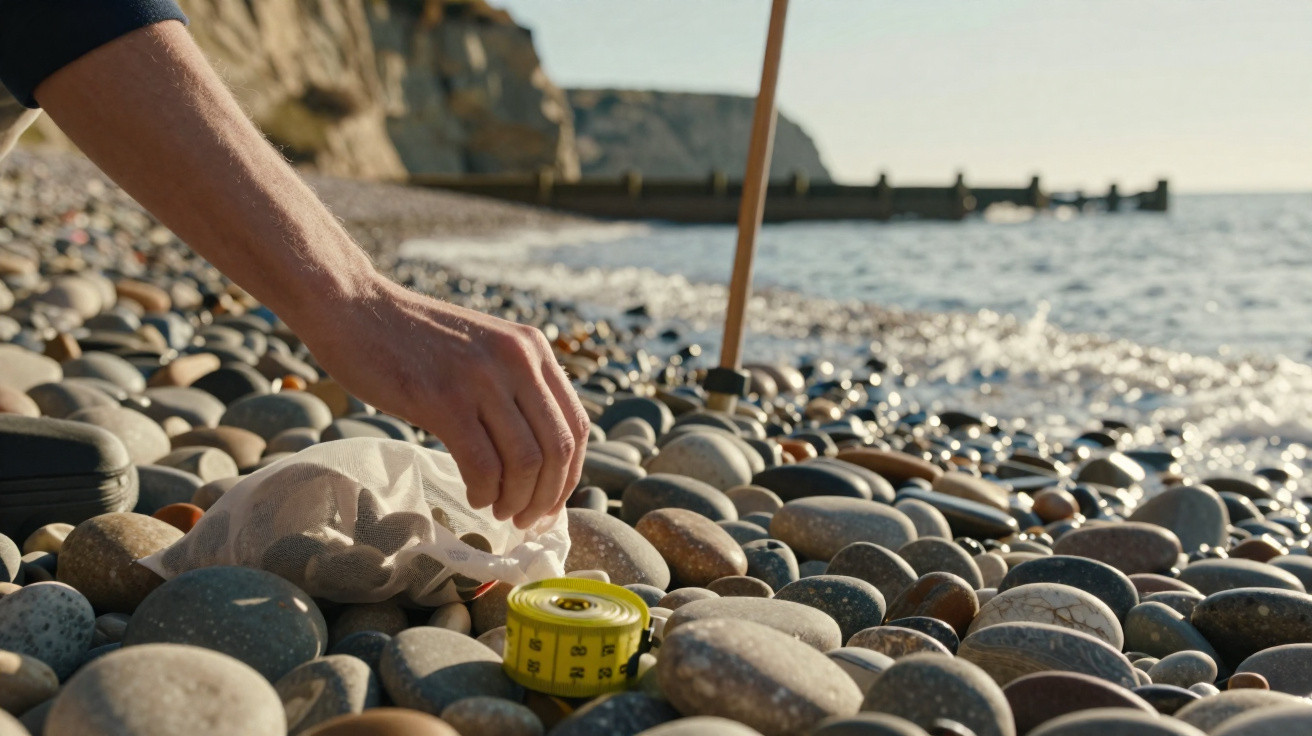 Hand reaching to pick up litter on a pebble beach with sea and cliffs in the background.