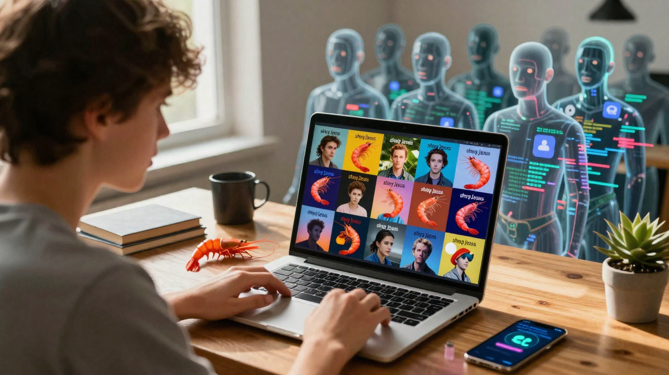 Person using a laptop with images of shrimp and portraits, surrounded by digital humanoid figures in a futuristic workspace.