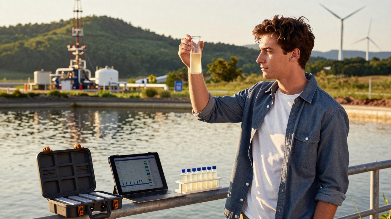 Man analysing water sample outdoors near water treatment facility and wind turbines with laptop and test tubes nearby.