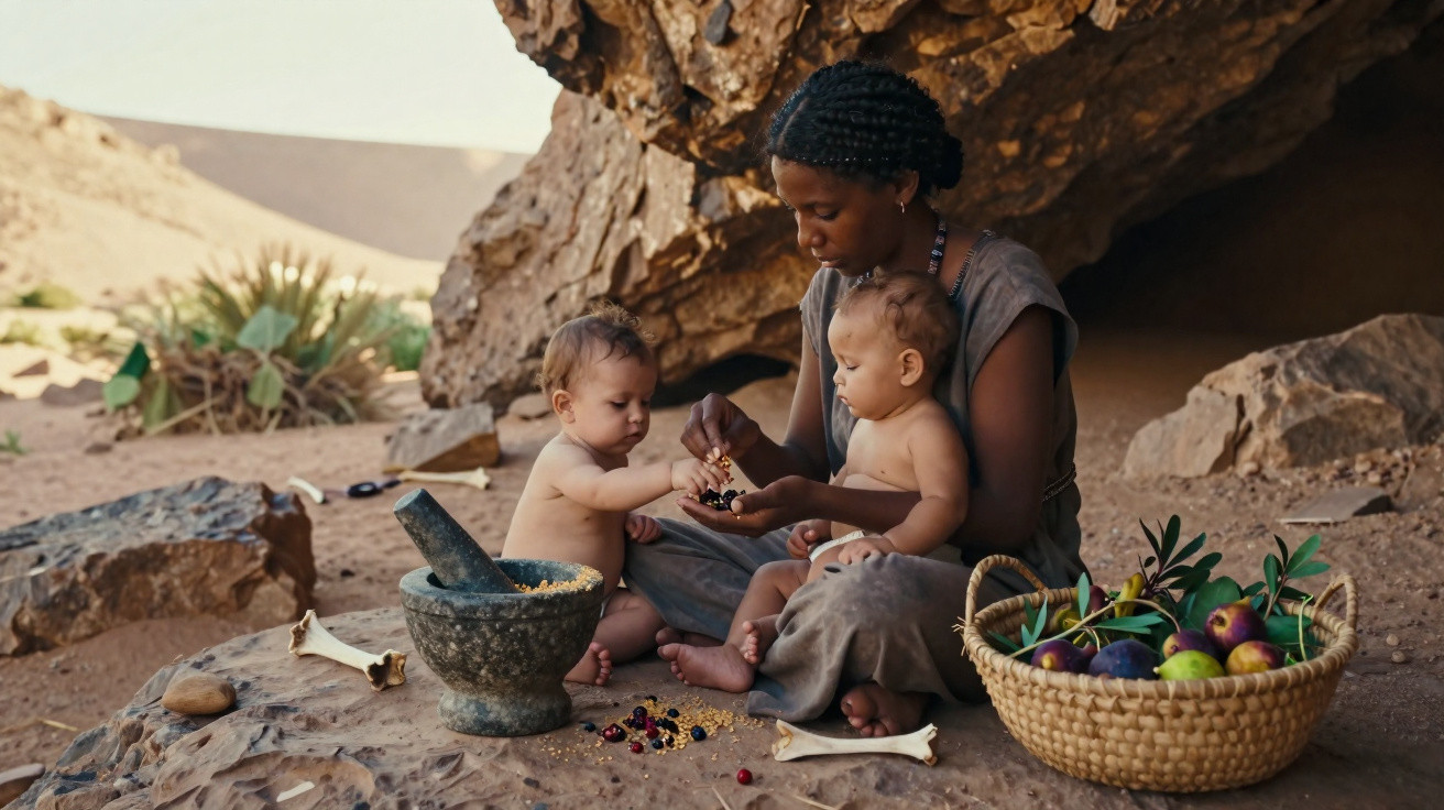 Mother and two toddlers sitting on rocky ground near a cave, sharing berries beside a fruit basket and mortar.