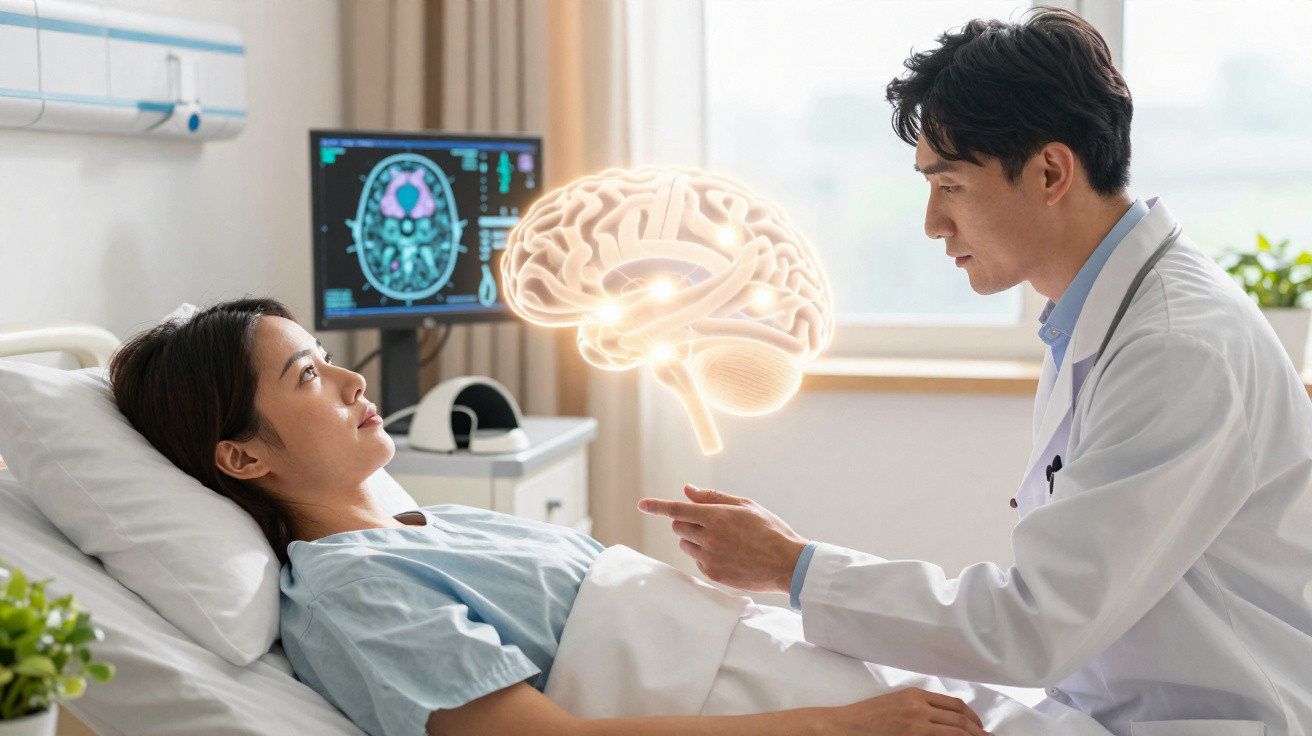 Doctor explaining brain health to female patient in hospital bed with brain scan on screen behind them