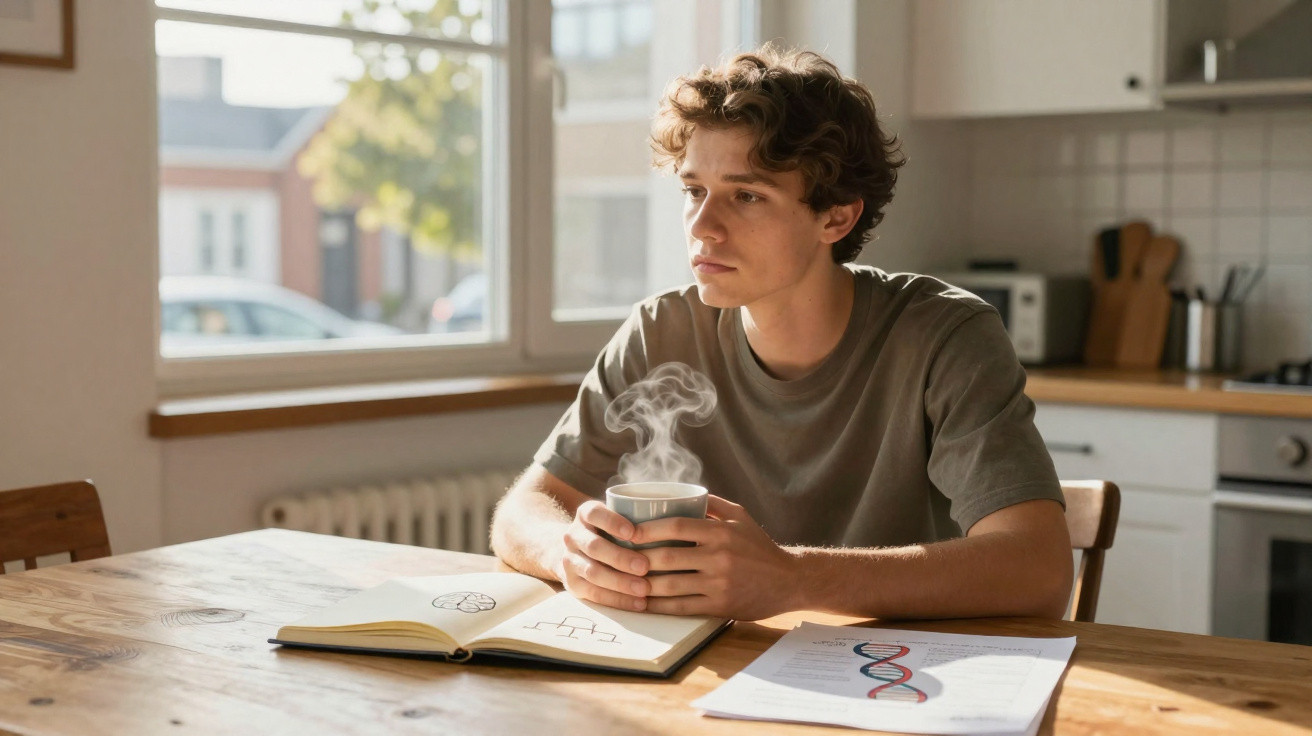 Young man holding a steaming mug, sitting at a wooden table with an open notebook and DNA diagram in a kitchen.