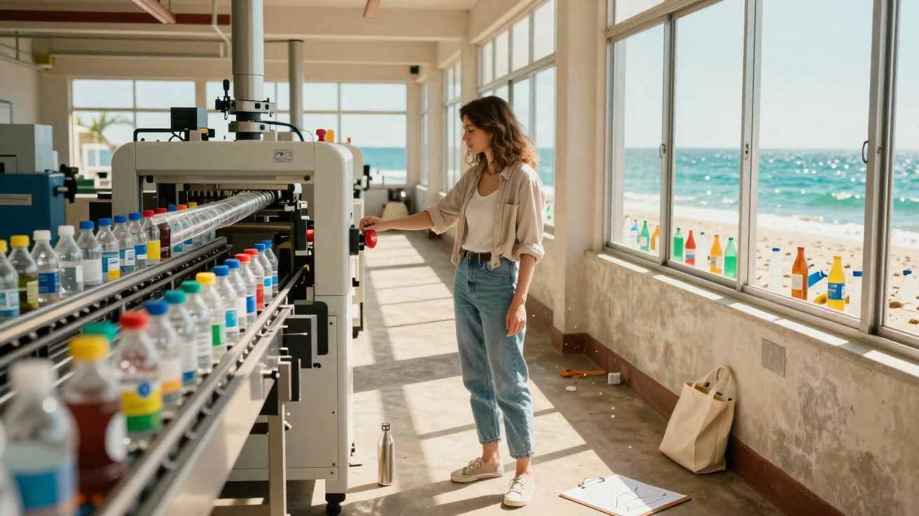 Woman operating a bottling machine in a sunlit factory by the beach, with bottles lined up on the conveyor belt.