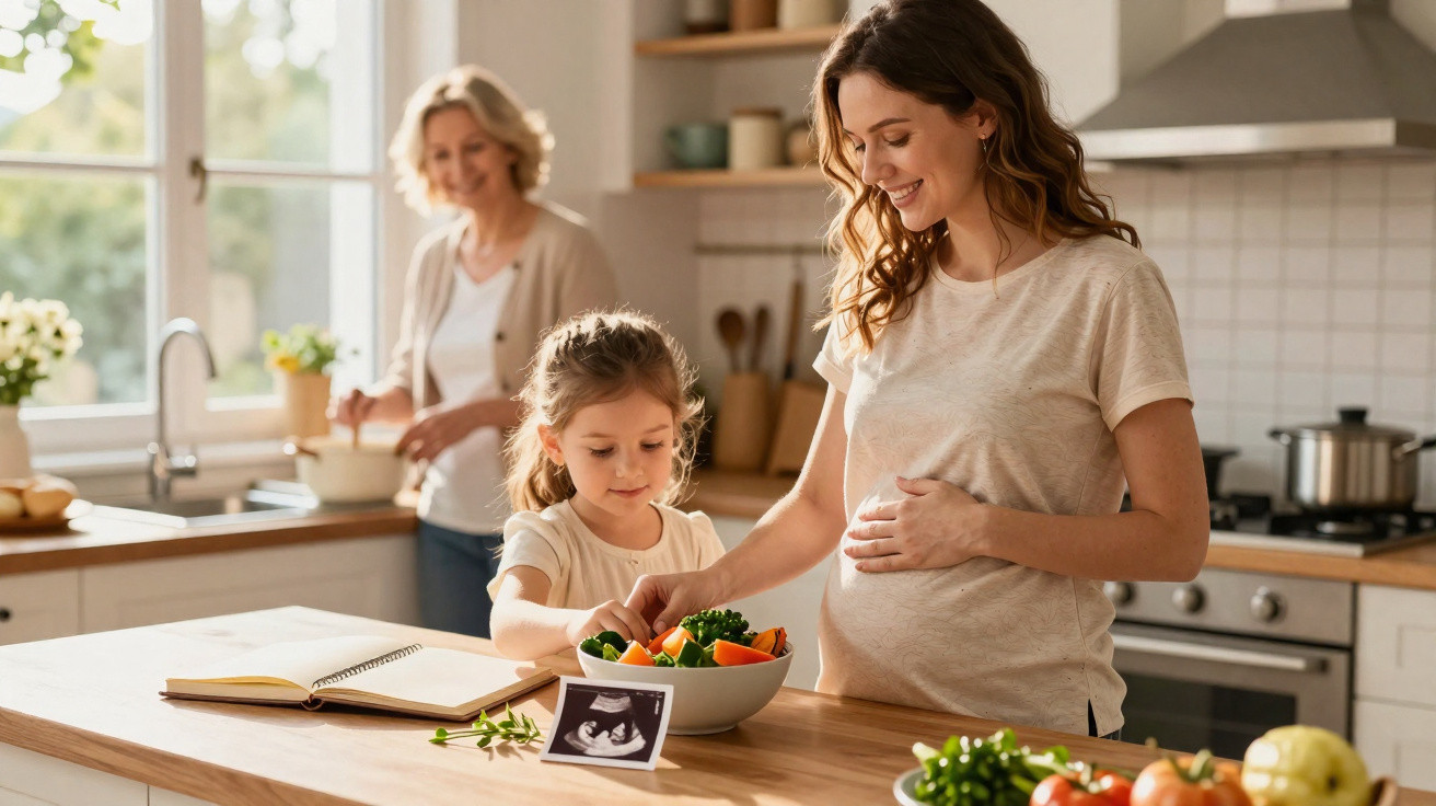 Pregnant woman with daughter preparing a meal in kitchen while grandmother cooks in background.