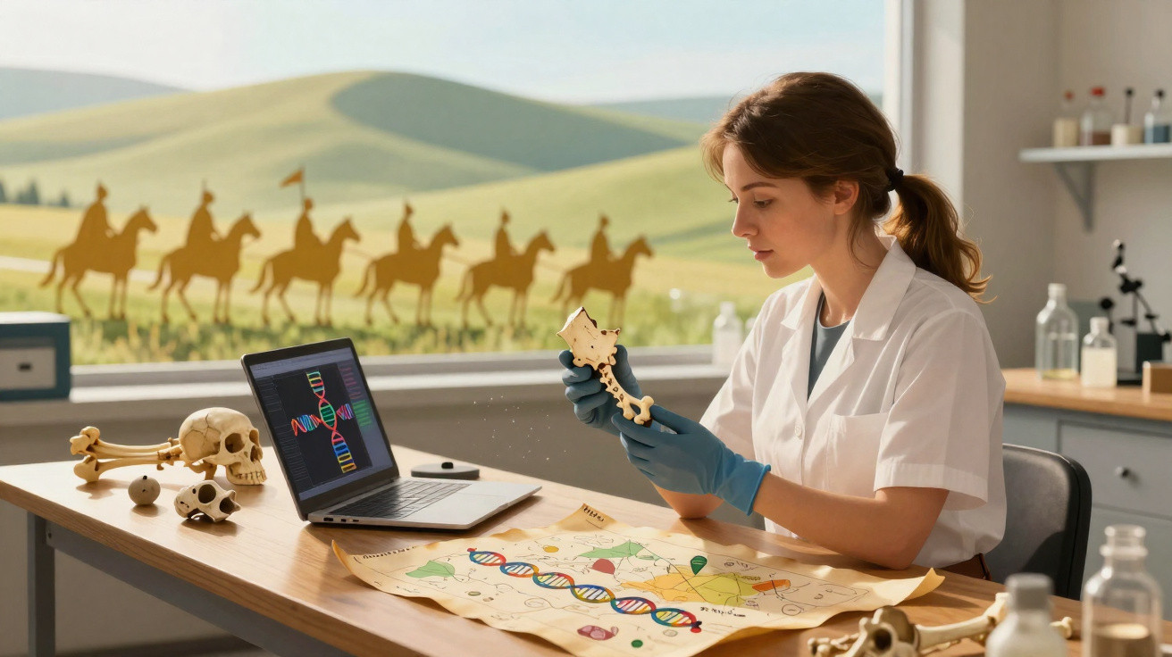 Scientist in a lab coat examining a bone fragment with DNA diagram on a laptop and paper on table.
