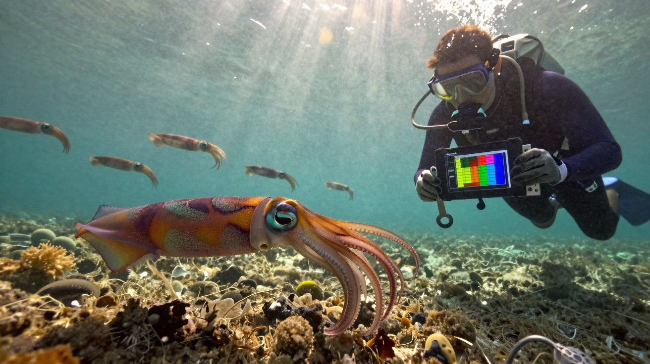 Scuba diver underwater holding a tablet near a large colourful squid and several smaller squids swimming nearby.