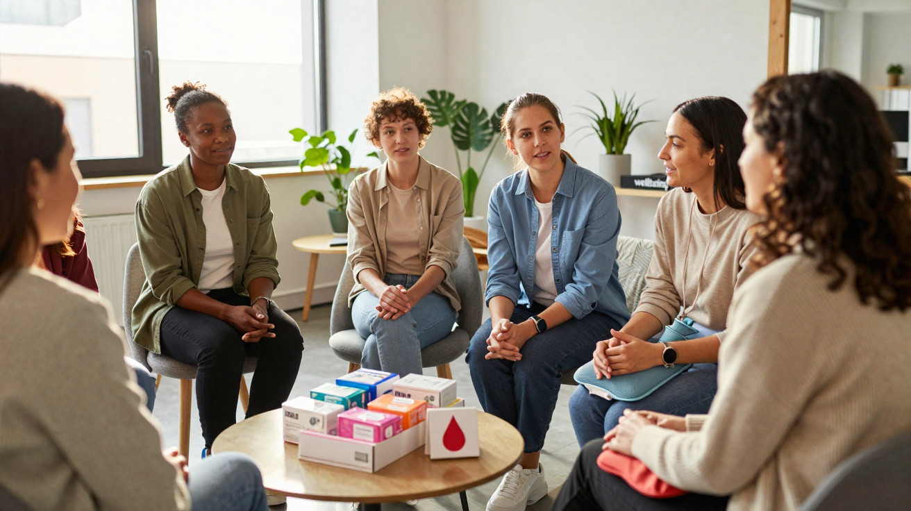 A diverse group of women sitting in a circle having a discussion around a table with health products.