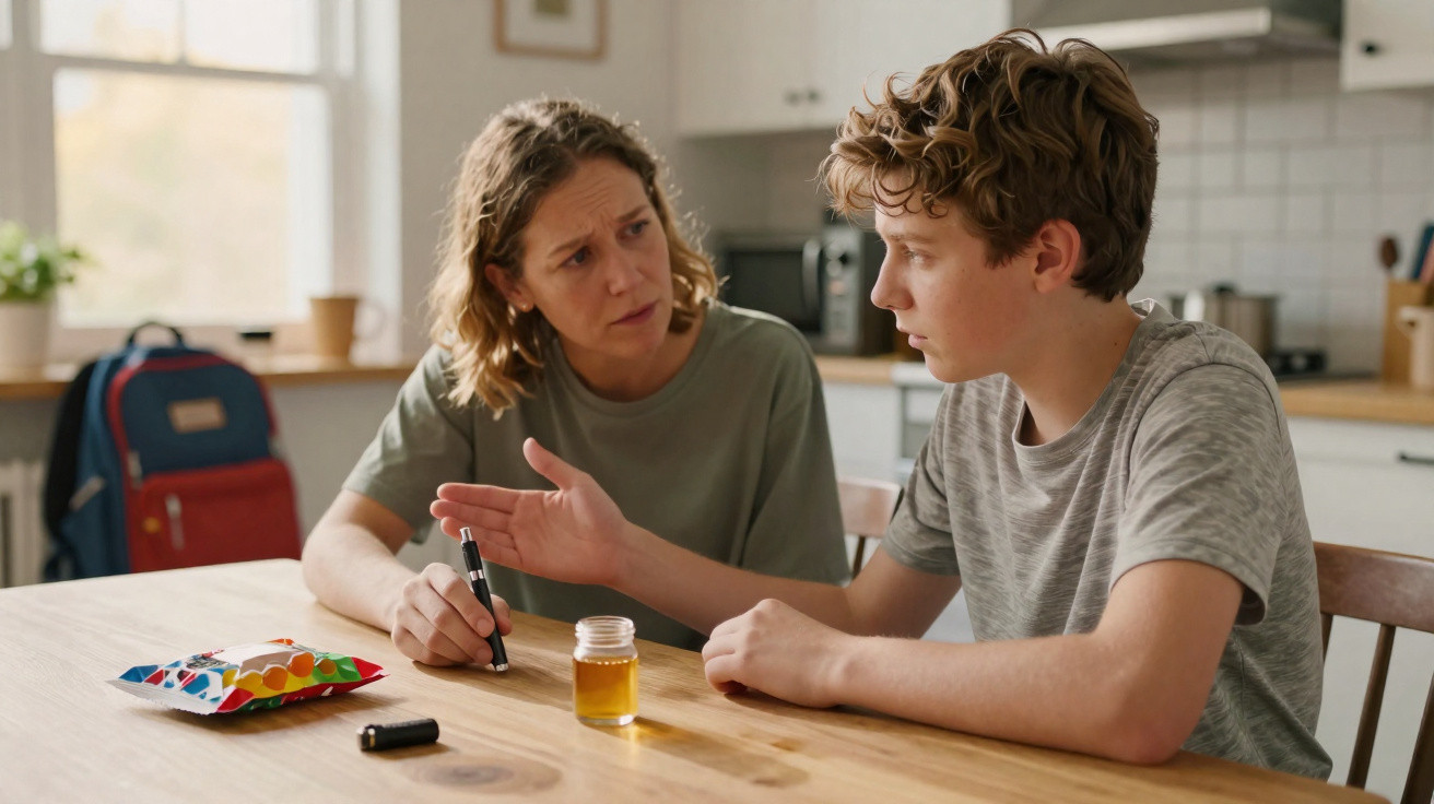 Mother attentively listening to her teenage son talking at a kitchen table with a small jar of liquid and vape pen parts.
