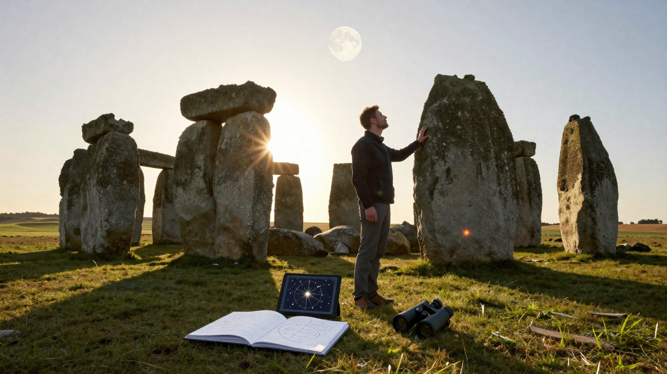 Person studying Stonehenge at sunset with open star chart book and binoculars on grass nearby