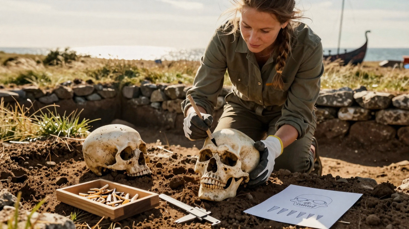 Archaeologist carefully excavating and examining human skulls at an outdoor dig site near the coastline.
