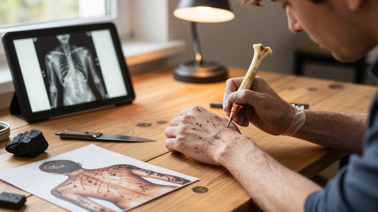 Person practising drawing anatomical details on their hand with a bone pen by a wooden table.