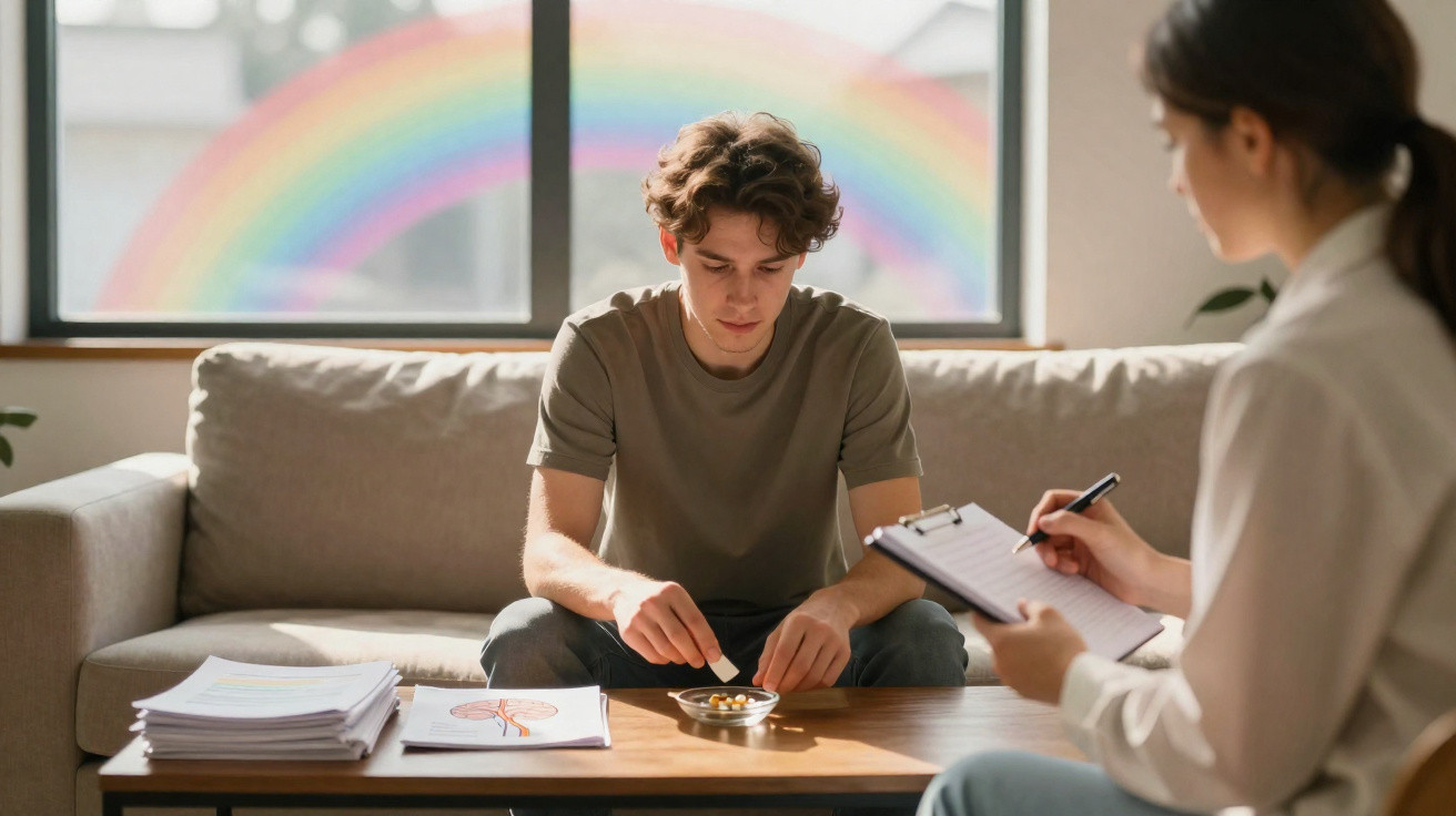 Teenage boy sitting on a sofa examining pills while a female therapist takes notes in a bright room with a rainbow.