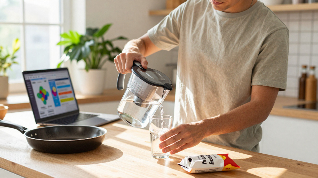 Person pouring water from a filter jug into a glass on a kitchen counter with a laptop and snacks nearby.