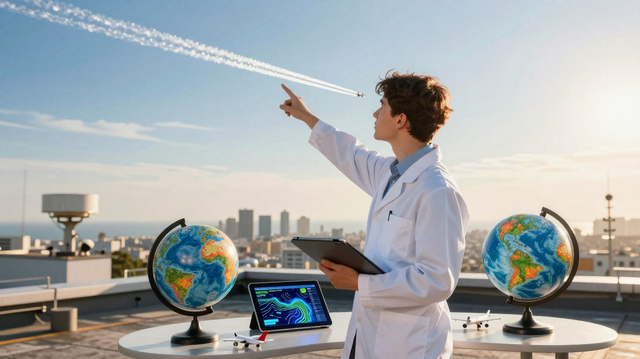 Scientist in lab coat on rooftop pointing at sky with globes, tablet, and model planes on table at sunset.