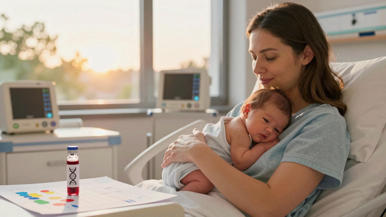 Mother in hospital gown gently holding newborn baby with medical equipment in background at sunset.