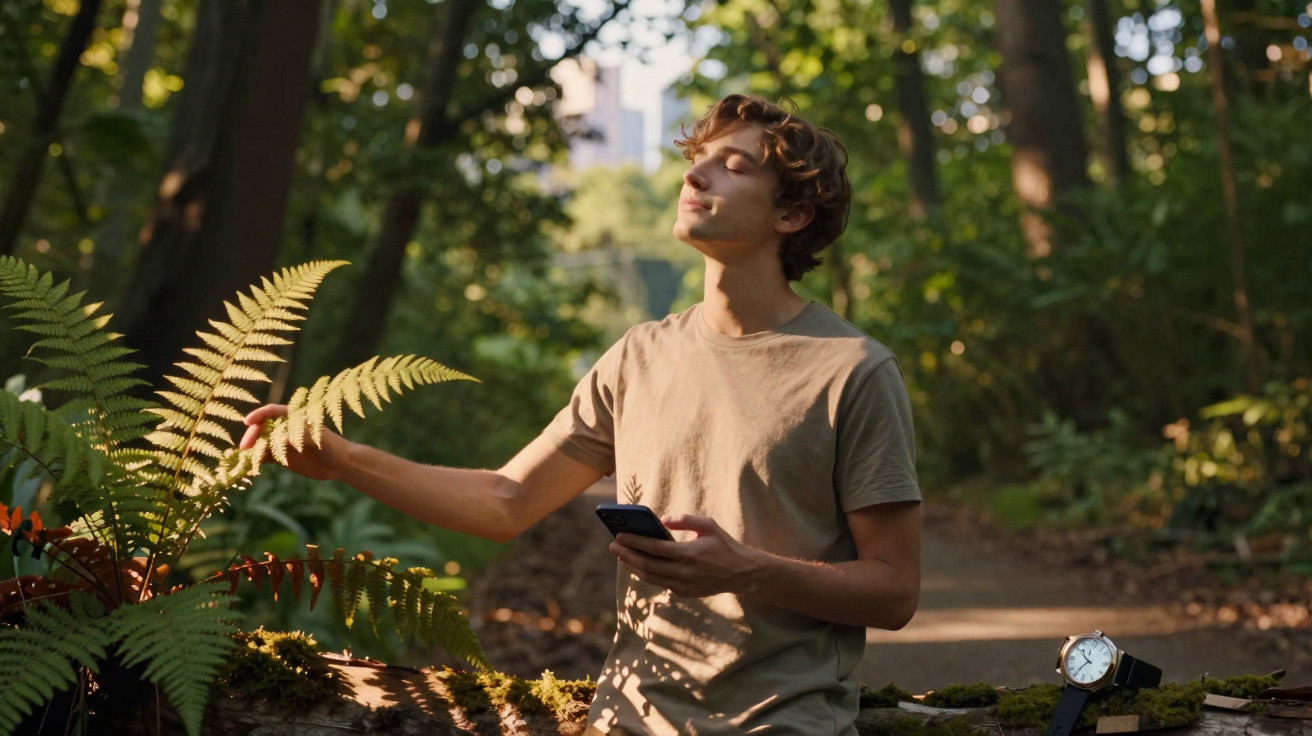 Young man with curly hair holding a smartphone, enjoying nature and sunlight in a forest path.