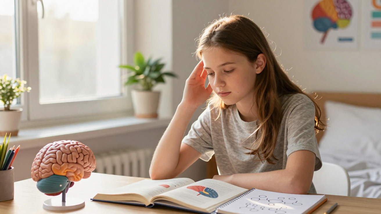 Girl studying brain anatomy from books at a desk with a brain model in a bright room.
