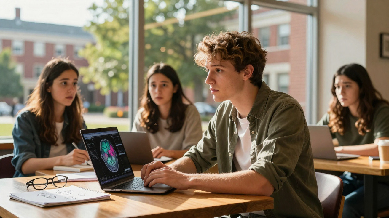 Group of students studying together with laptops and brain scan image on one laptop in a bright room.