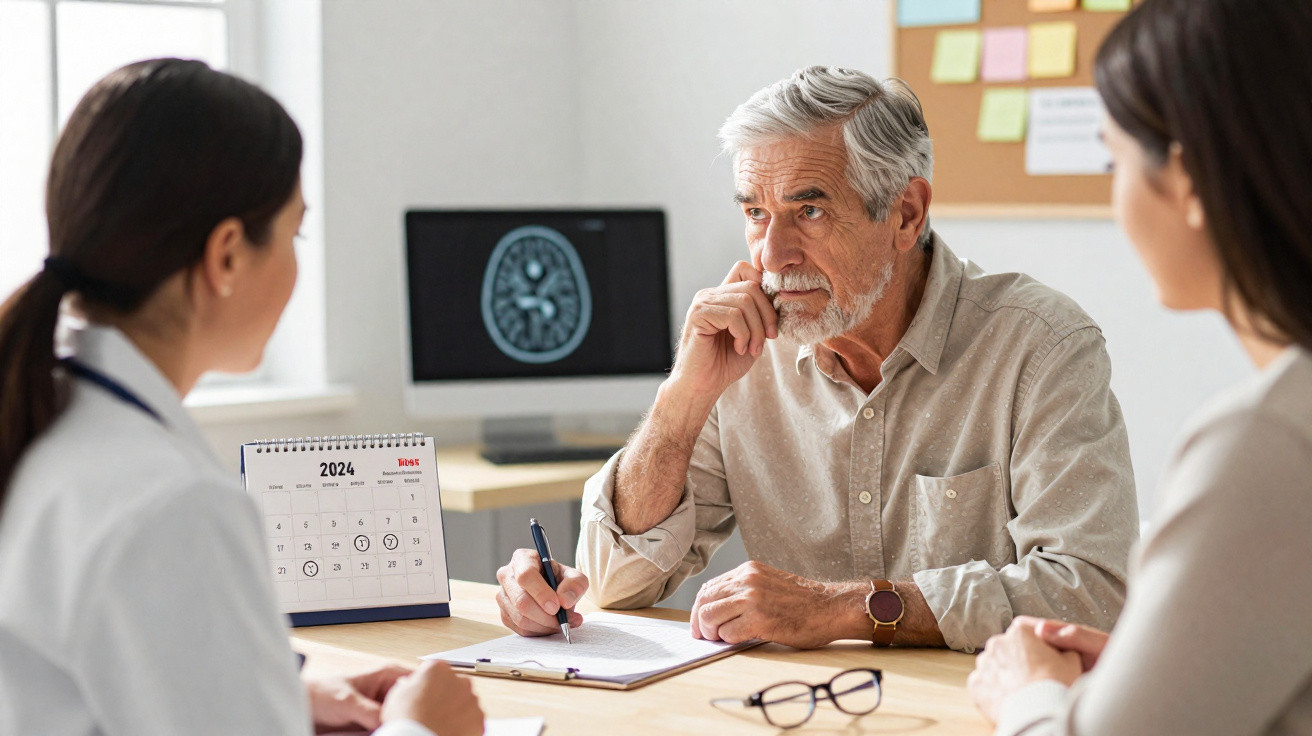 Elderly man discussing medical results with doctor and companion in clinic, brain scan visible on screen behind.