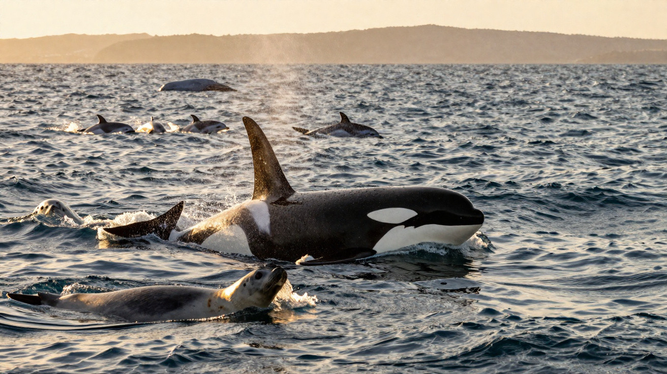 Orca whale surfacing near a seal with several dolphins and distant land under soft evening light.