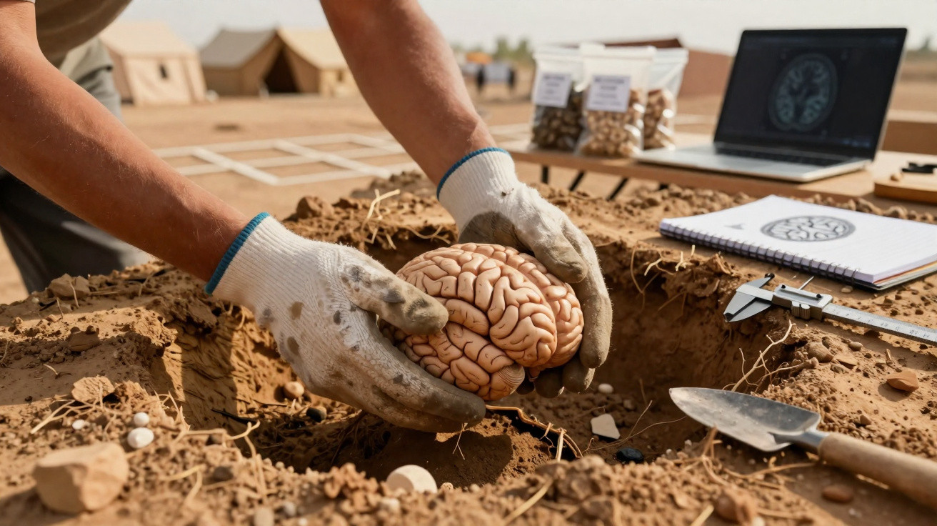 Person wearing gloves holding a model brain near a soil excavation site with scientific equipment nearby